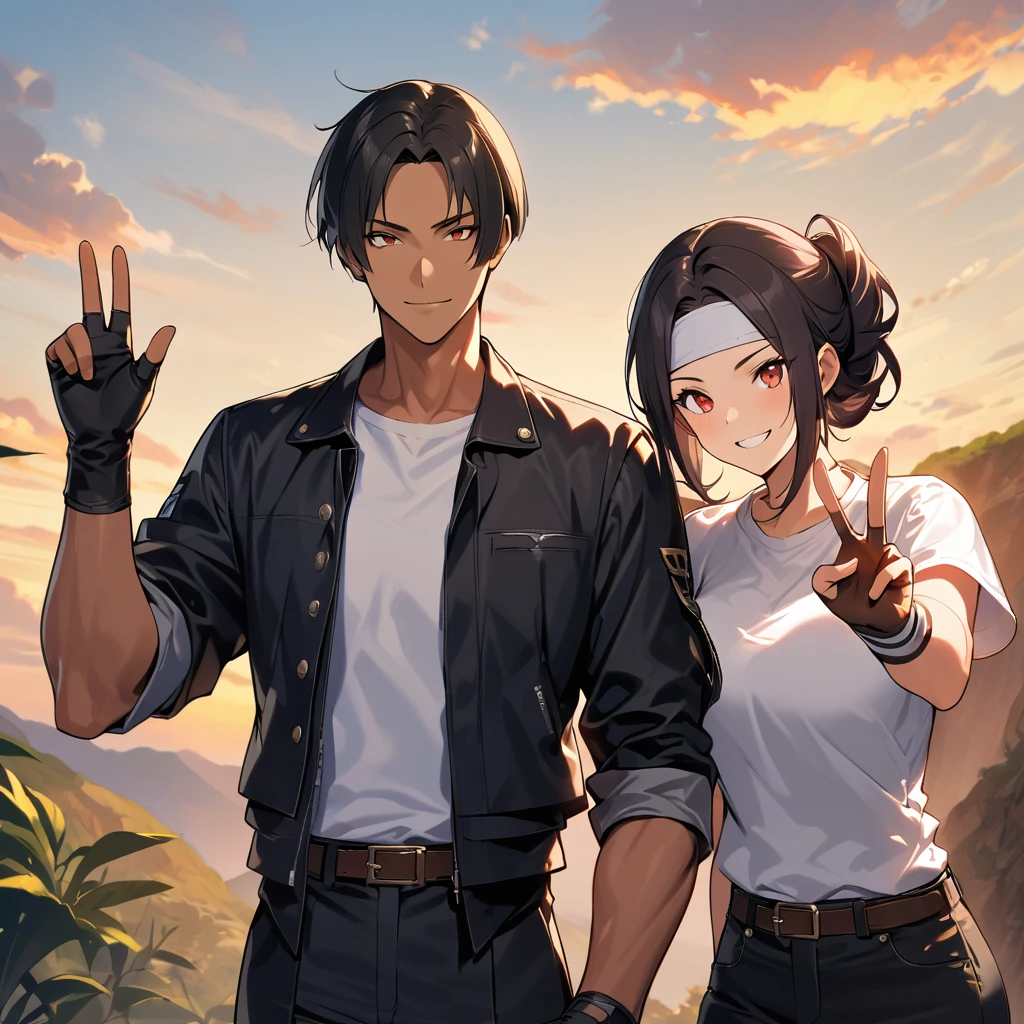 Orochikyo, dark skin, two people, two shot, red eyes, black jacket, fingerless gloves, black hair, white t-shirt, ((white headband)), black pants, white shoes, brown belt, handsome, shot, attractive, masterpiece, high resolution, detailed face, fine grain, morning, confident smile, Talofofofo Falls Guam in background Description: man and woman smiling at, man and woman with same hairstyle and clothes, making peace sign.