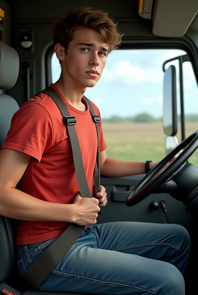 Create a realistic image of a truck driver putting on seatbelts, he has to be wearing a red t-shirt and jeans . he has to be young