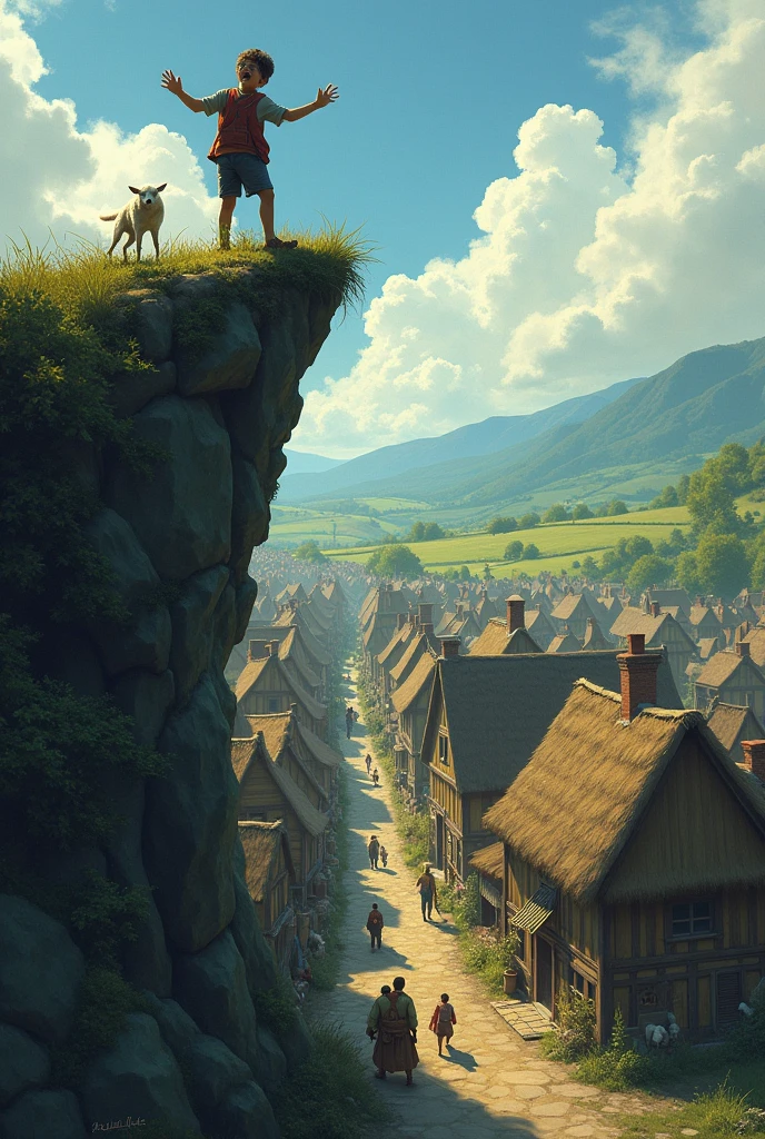 **The Villagers Ignore the Boy:**
- The boy shouting and waving frantically from the hilltop as the wolf gets closer to the sheep. In the village, people are seen going about their work, ignoring the boy’s cries.
