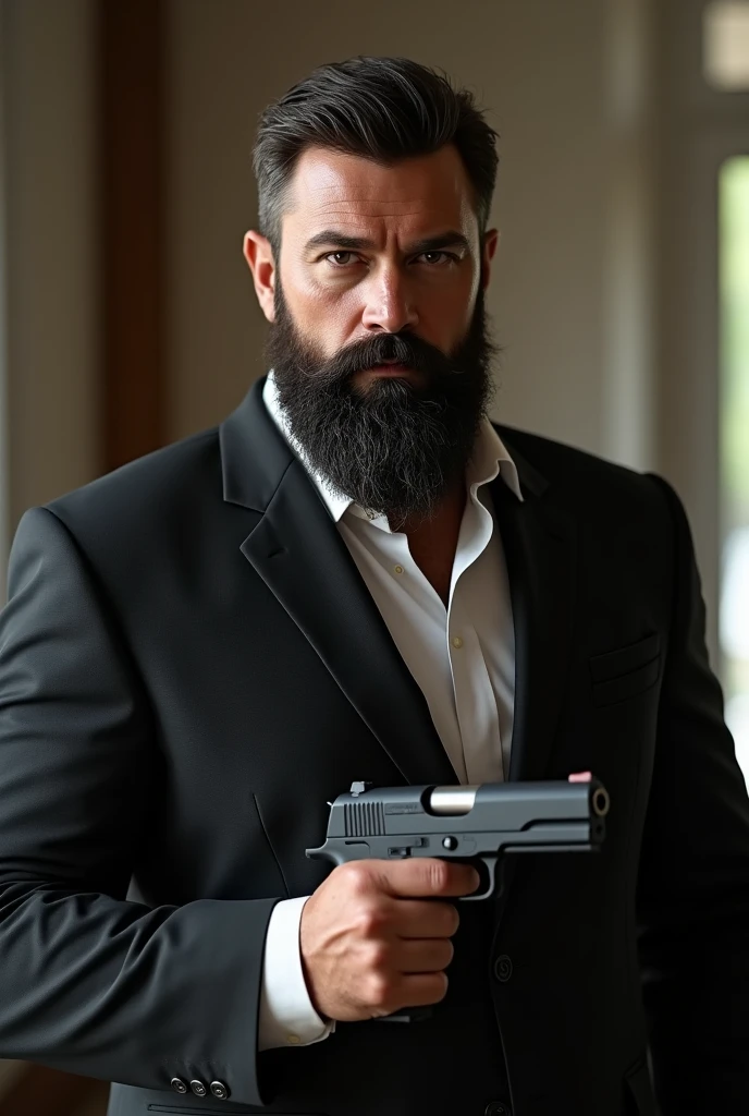 handsome, handsome man, tough man, 40 year old man, ex-soldier, ex-special forces soldier, beard, dark mustache, thick mustache, short beard, thick beard, muscular, thick neck, bodyguard, bodyguard attire, black suit, white dress shirt, dress shirt, huge man, large man, husky man, handgun, holding handgun, ultrarealistic, well-lit, good lighting, soft lighting, 8k