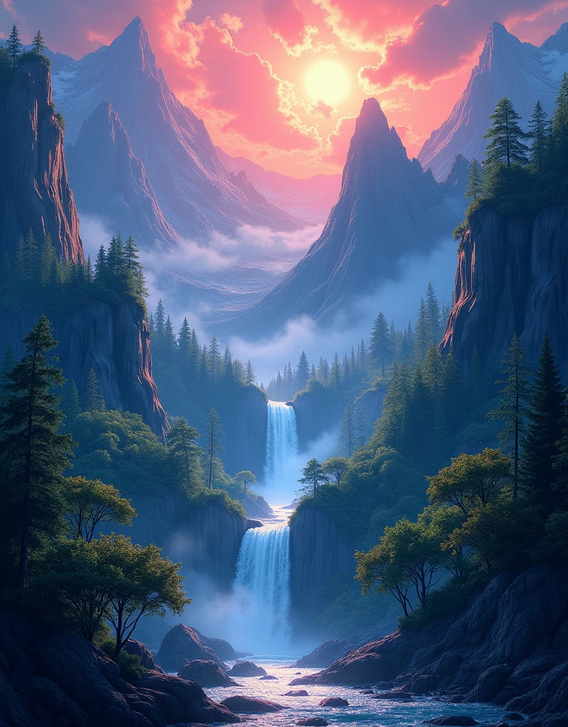 “Vector t-shirt design featuring a majestic, awe-inspiring fantasy landscape. Incorporate lush forests, towering mountains, and cascading waterfalls, all brought to life with dramatic lighting and a cinematic atmosphere. The design should be hyper-detailed and photorealistic, with incredibly sharp focus and stunning textures. Use vibrant colors and volumetric lighting to add depth and dimension, creating an immersive and breathtaking composition. The overall style should blend fantasy elements with advanced rendering techniques, making it a visually striking and captivating t-shirt design.”
