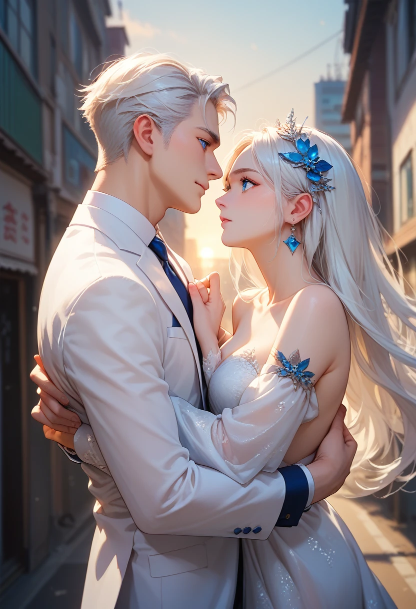 A white-haired, blue-eyed man in a white suit carries a white-haired, blue-eyed girl on his back in the middle of the city at sunset.