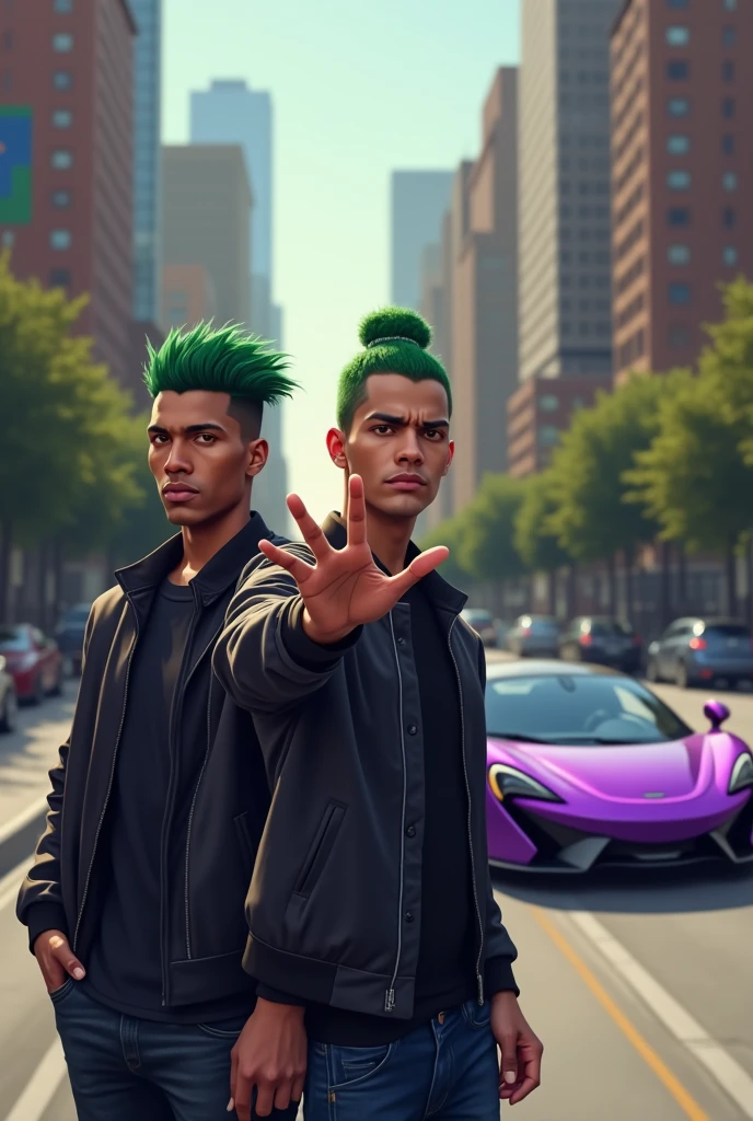 a half body man doing hand pose and man in green short puff hair  . man is clean shave wearing a in wear aand in the background  there is mclaren p1  in purple color standing in the side only one man 