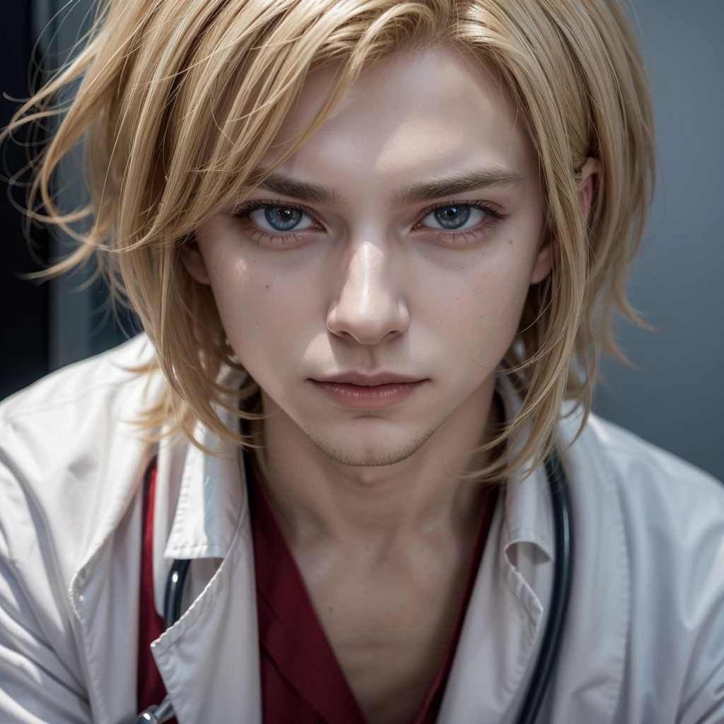 Blond vampire man from Brazil dressed as a doctor in a clinic
