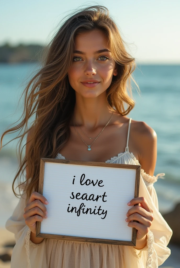 Beautiful girl with wavy long hair, bohemian dress, holding a white board with text "I Love Seaart Infinity" and showing it to the viewer