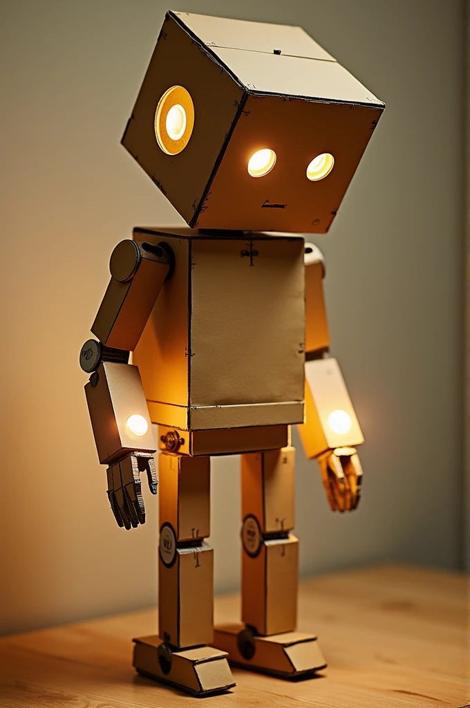 Make an impressionist style cardboard robot that works as a lamp
