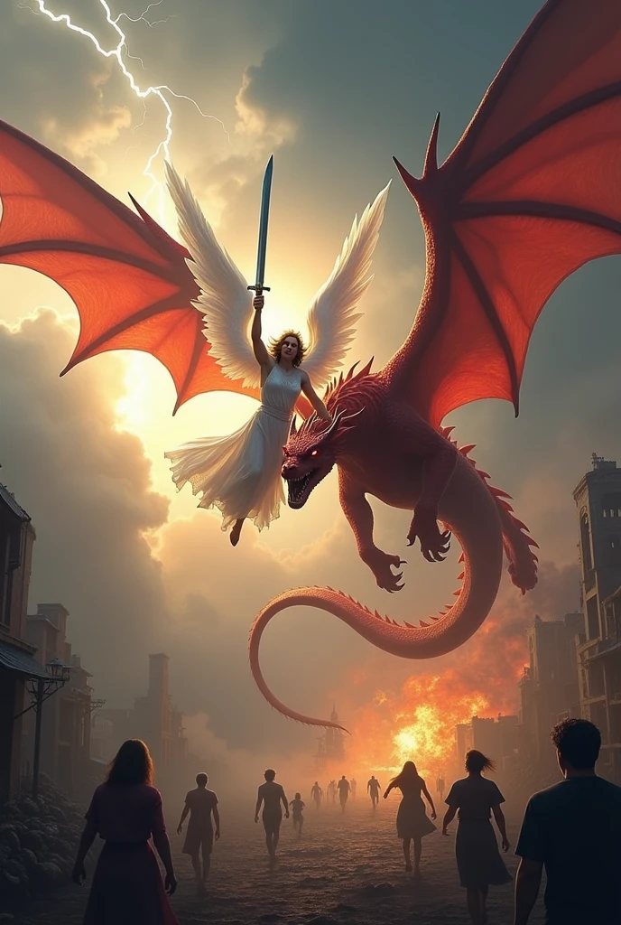A man with 6 wings wielding a sword flies and strikes a red dragon in the sky. sky with thunder. There is light around the man and fire around the dragon. Below people look at this battle with fear, there are people running to their homes and some destroyed houses throughout the scene.
