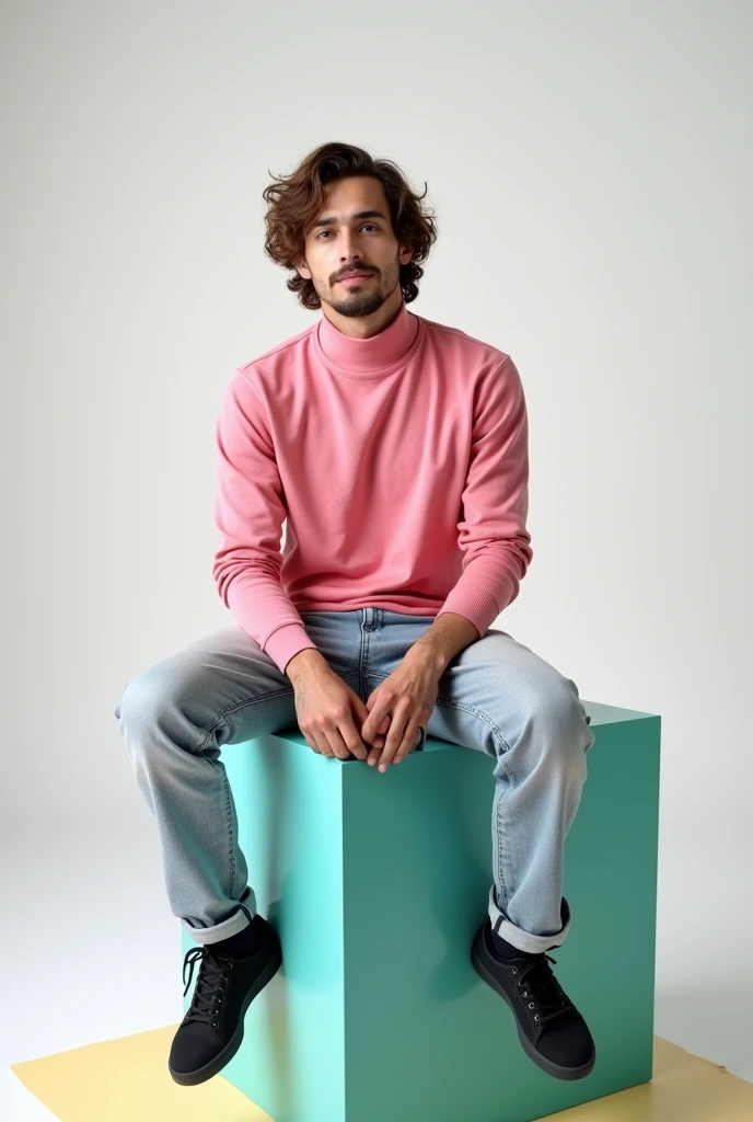 best qualityer:1.4), (ultra high resolution:1.2), (photorrealistic:1.4), (8k, CRU photo:1.2), 1 male aged 26. wavy light brown hair.He's wearing a pink turtleneck shirt. He is wearing light jeans. black sneakers. He is sitting on top of a colorful cube. You are in a photography studio with a white background. he is Brazilian.