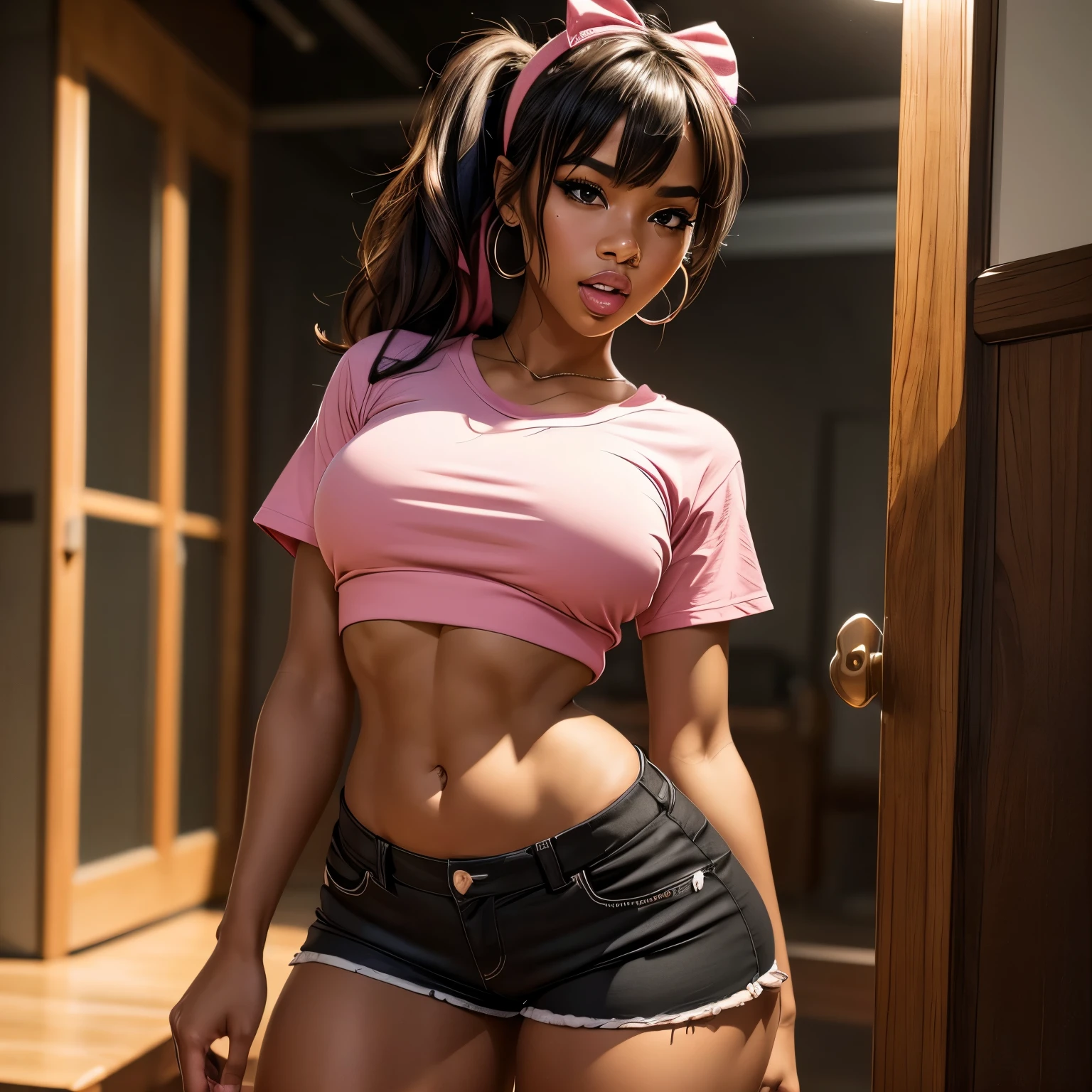 work of art, high quality, ebony girl, high resolution, volumetric lighting, underground dispersal, 8k, beautiful woman, (dark skin), Filipino, college student, 's uniform, (big-ass), breasts big, (pink tub top shirt), (cotton shorts:1.2), Wavy hair, pony tail, bangs, headband, hoop earnings, class room, pose sexy, seductively pose, 3/4 shot, cowboy shot, ((slim thick body:1.4)), thick thighs, round-butt, open mouth, big lips, screaming, orgasm, night time, eyes closed