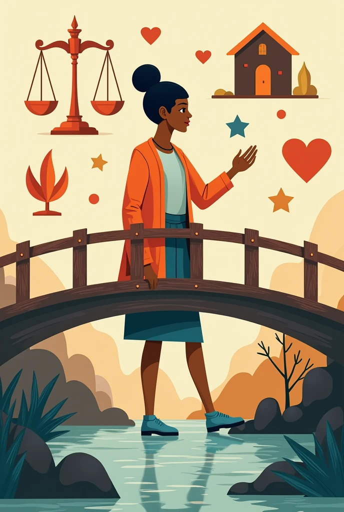 You could represent a social worker as a bridge that connects people with the resources they need., rodeado de símbolos de justice social, equality and well-being. You could include icons of a scale (justice), A house (living place), a heart (emotional well-being), and one hand holding another (support).