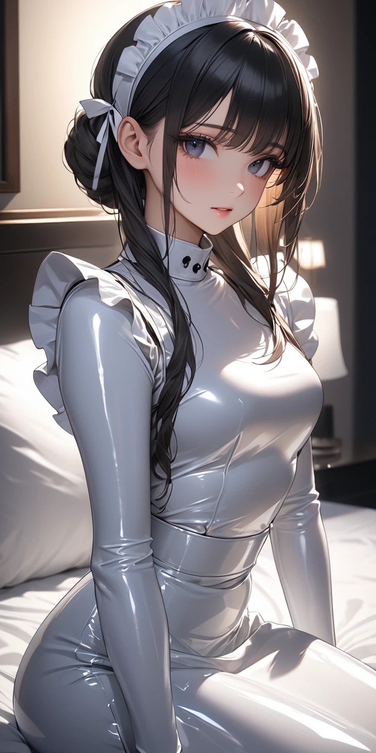 Portraiture、(masterpiece,Highest quality,Ultra-high resolution),Japanese women, (((Very beautiful 25 year old girl))),(White latex maid outfit)、((White latex long skirt))、(A long-sleeved latex shirt that covers the upper body)、White latex gloves、White latex socks、White Latex Bodysuit、Frills、The clothes fit snugly to the body、Latex is very shiny、Dark Room、