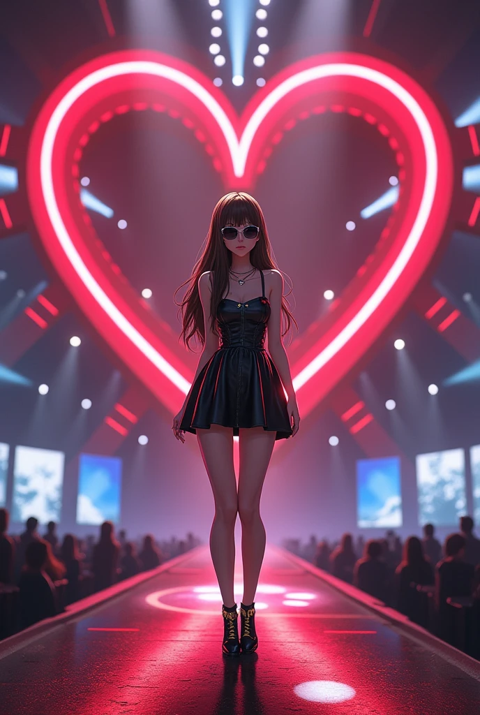 bee girl big brown hair, wearing a short sleeveless shiny black dress with Prada sunglasses with black high heels with gold rings and a necklace with a moon pendant She is watching the show on a huge stage with big screens, a large neon red heart structure, with a walkway. The stage is for a World Tour.
アニメ
