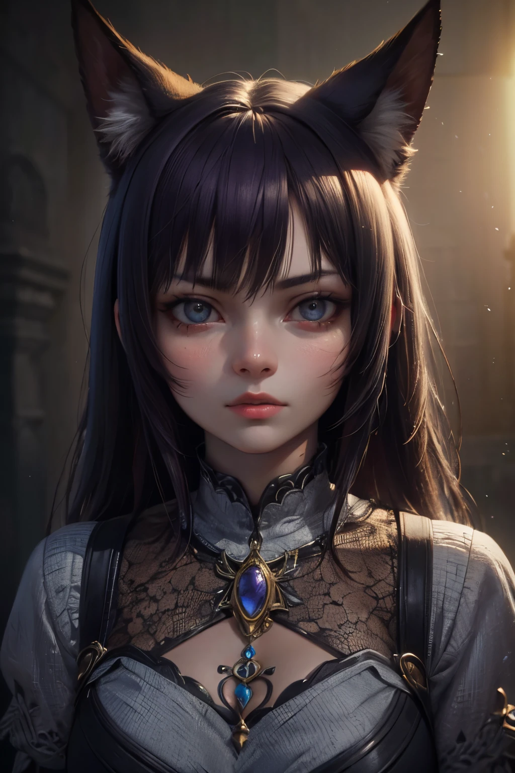 a girl with fox ears, purple hair, serious expression, purple energy aura, detailed wings, beautiful detailed eyes, beautiful detailed lips, extremely detailed face, masterpiece, (best quality,4k,8k,highres,masterpiece:1.2),ultra-detailed,(realistic,photorealistic,photo-realistic:1.37),portrait,fantasy,magical girl,cinematic lighting,detailed background,intricate details,vivid colors