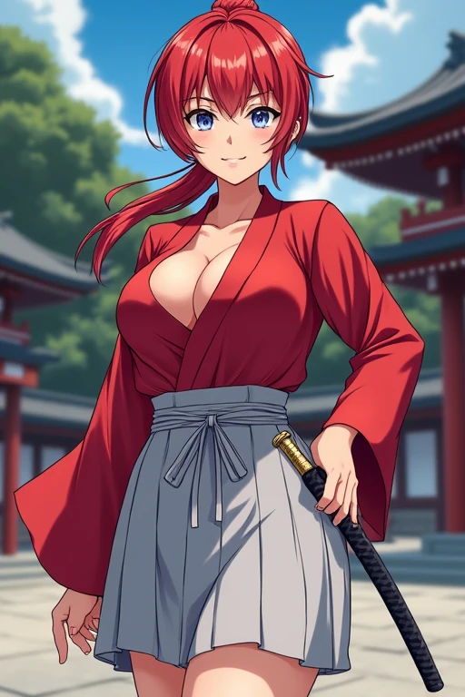(masterpiece, best quality:1.5), (ultra detailed, high resolution, 8k, beautiful detailed, UHD, best anatomy), 1 cool girl, red hair, medium breasts, Women's Hakama, Japanese Samurai, kamishimo, tabi, Warring States period (of Japanese history, approx. 1467-1568 CE)