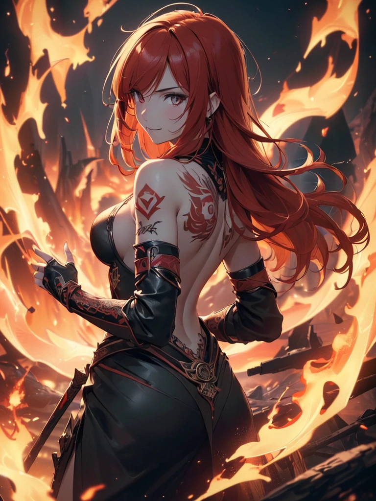 (((best quality, sharp image, clear image, cinematic lighting, 8k resolution, masterpiece, ultra detailed, intricate))) Girl, (((looking over left shoulder))), (shot from behind), fire mage, ((intricate background)), ((chaotic background)), red hair, smiling, ((flame runes, flame sigils)), (tatoo on back), slim figure, flying sigils
