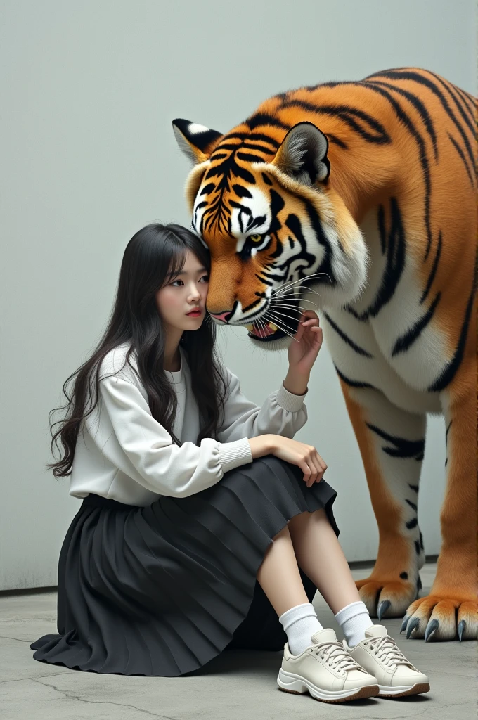 
created a very real 3D painting image, a beautiful 17 year old long-haired Japanese woman, wearing a long-sleeved white shirt, long black plisket skirt, long white socks and sneakers, looking forward with a sharp gaze, sitting and leaning on the body of a A giant tiger with a ferocious face, sharp fangs with a wild gaze, gently stroking the tiger's body, the background is a white and gray wall, an image with a touch of 3D quality, cinematic, photographic