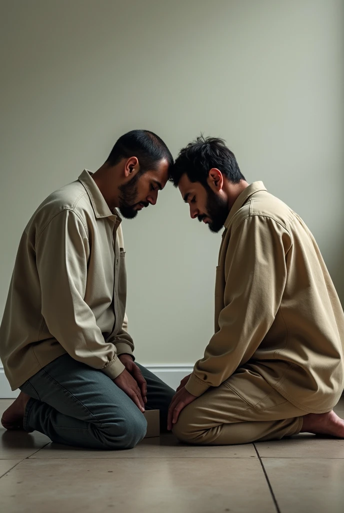 Real image of a 30 and 35 year old man, Latino on his knees and face down thanking God