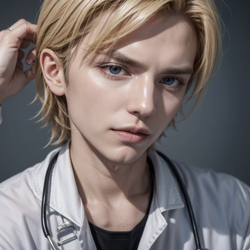 Blond vampire man from Brazil dressed as a doctor in a clinic