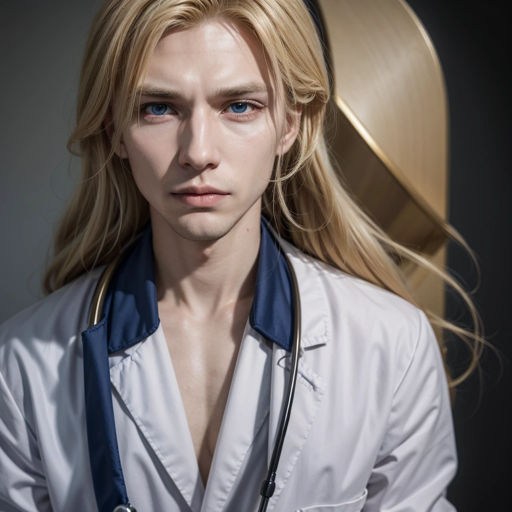 Blond vampire man from Brazil dressed as a doctor in a clinic 
