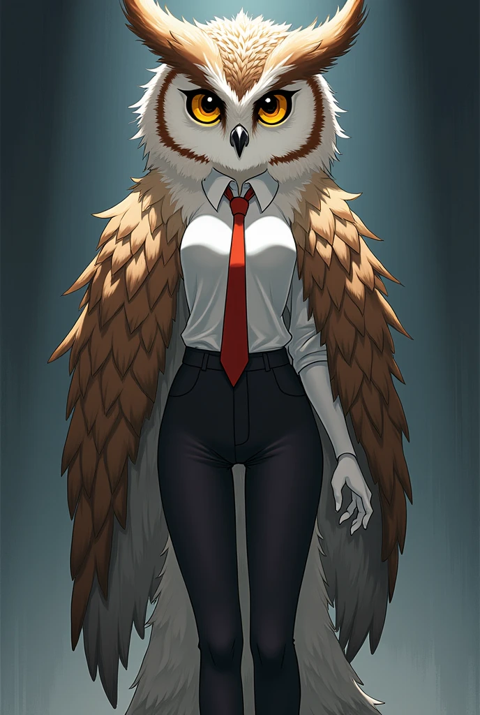 Anime style, [Name Sonya]
[Gender: Female]
[Height: 7 feet 6 inches]
[Species: Owl]
[Appearance: A very tall human girl with the features of an owl, with a human face, large and bright yellow eyes that glow in the dark, white skin, the only clothes she wears are a white shirt with a red tie and black leggings, but her feathers cover her entire body except her face making her look like a ball of feathers, short shoulder-length brown-haired in color,  feathers are a mixture of brown and white colors, on the head there are 4 feathers creating the appearance of ears, she has no arms and instead of them wings, instead of feet she has bird feet with 3 claws, 2 claws point forward, one back, slim body with big breasts]