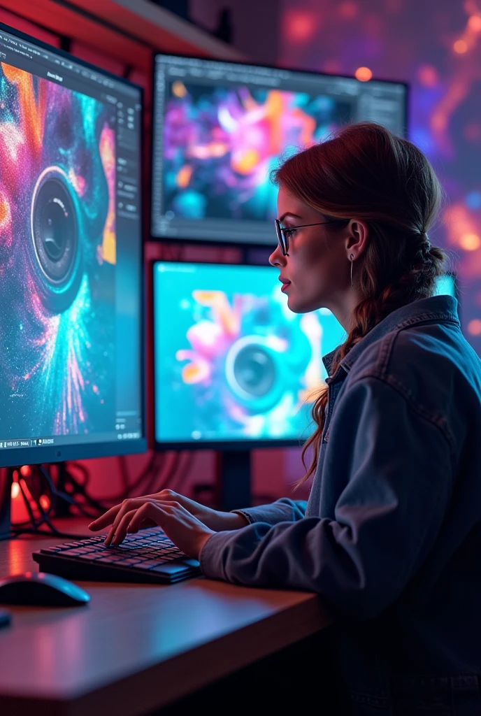 /imagine A modern graphic designer female working at a desk with multiple screens, vibrant colors, and creative graphics designer
around.