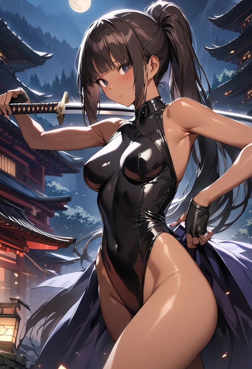 ((masterpiece,best quality anime,Highest quality:1.3)),realistic,cowboy shot,(25 year old beauty),Female ninja,1woman,独奏,((very small head:1.4)),((very long body:1.3)),black hair,bangs,(long ponytail hair),gorgeous big eyes,black eyes,((tan skin:1.5)),(black high neck sleeveless,leotard、black_thighhighs,black fingerless gloves),((slender body:1.3,skinny)),medium breasts,gleaming skin,shiny skin,Fighting stance with a Japanese sword、(A detailed depiction of a Japanese sword),Old shrine in the mountains、night,Action scene fighting the grim reaper、