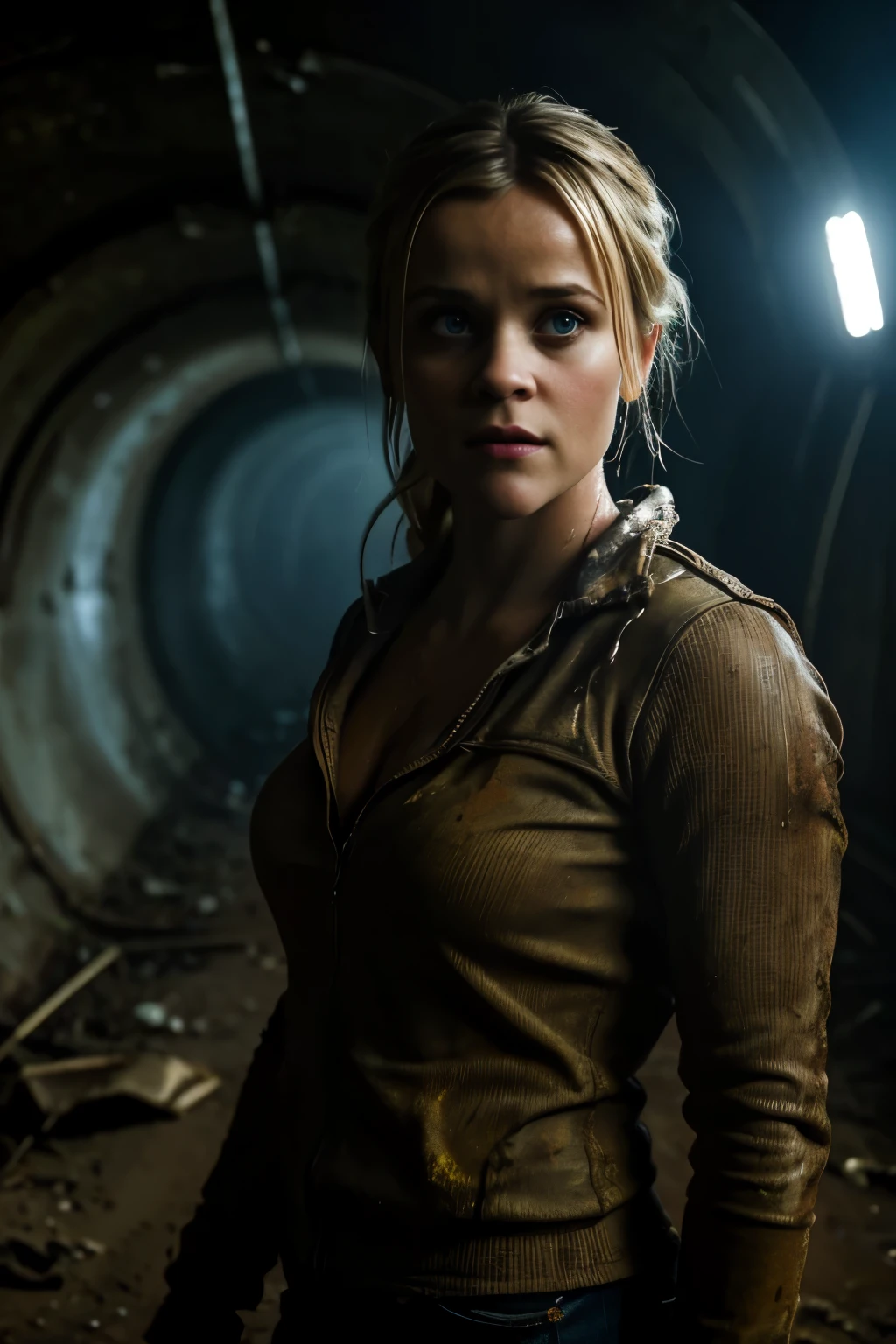 hot cleverage serious scared Reese Witherspoon in Sci Fi abandoned tunnel in torn up ruined clothes and muddy ground, clear white skin, wet and muddy, scratches everywhere, face dirty photography, natural light, photorealism, cinematic rendering, ray tracing, the highest quality, the highest detail, Cinematic, Third-Person View, Red LIght Flair, Blur Effect, Long Exposure, 8K, Ultra-HD, Natural Lighting, Moody Lighting, Cinematic Lighting