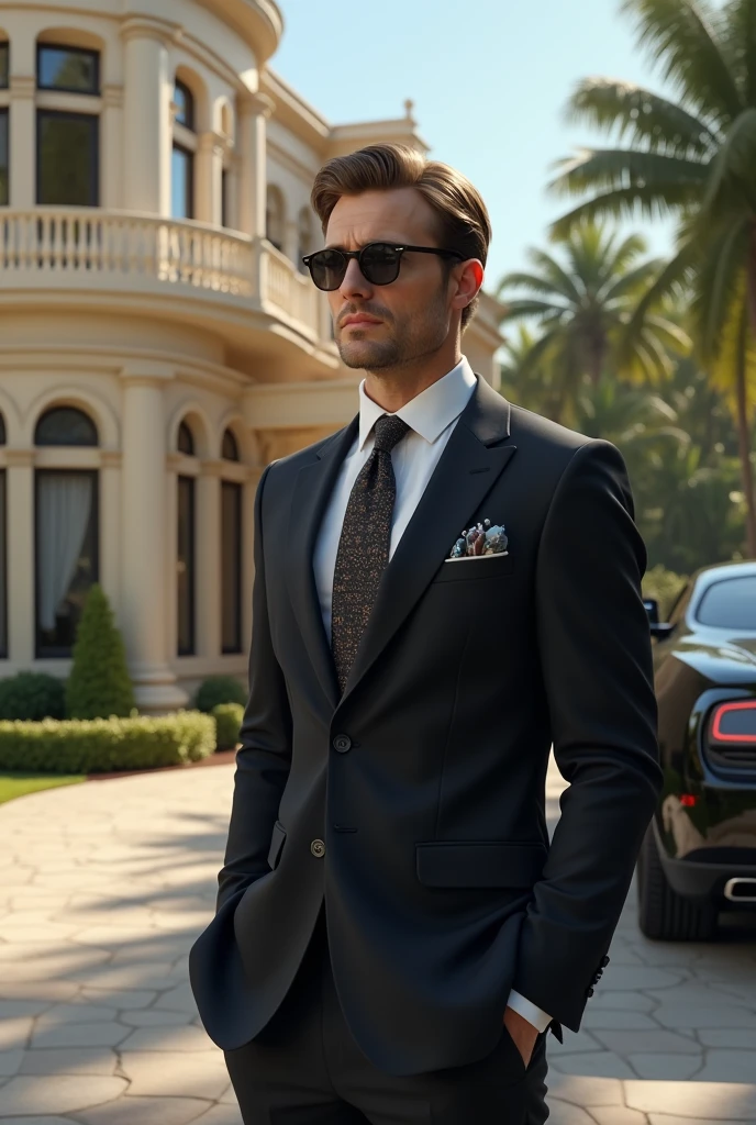 A luxurious life , high standards beautiful classy house and black car , everything related to high standard in one frame