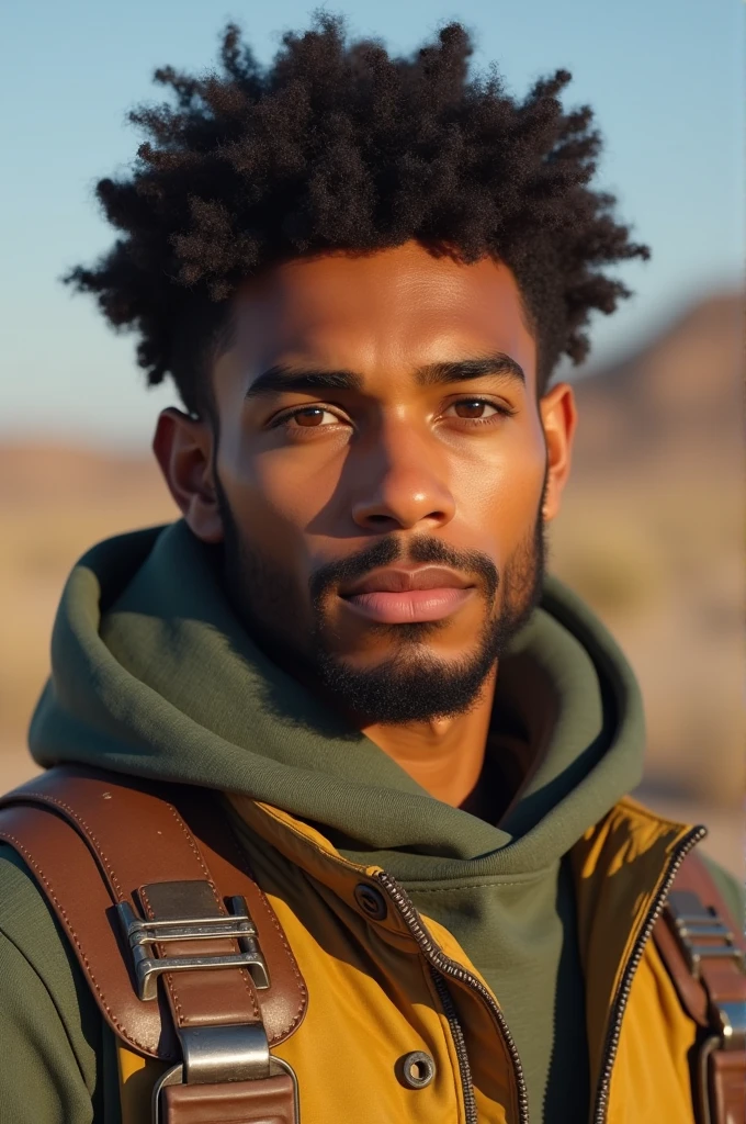 Young Adult His face is clean and with a defined and slim body, his eyes are brown and his skin tone is light white.,His hair stands out for being curly and having a slight beard,lives in Fallout's capital wasteland