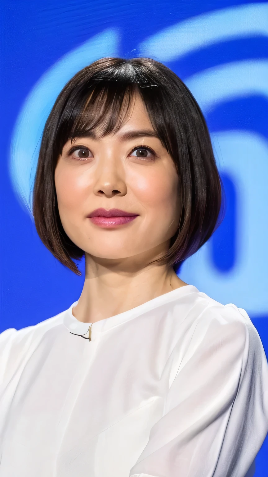 (((The most beautiful Japanese mama)))、de pele branca、Shorthair with black hair、A detailed face(Gentle eyes、maternal look)、((Obscene and too big long breasts))、Wearing white turtleneck sleeveless knit sweater、A body that satisfies all sexual desires、The smell of female is filling the air、simple blue wall background、Bust Up Photos