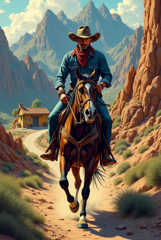 Hyperrealistic comic image with a 50&#39;s look, a cowboy riding his horse down the mountain to a cantina on the side of the road