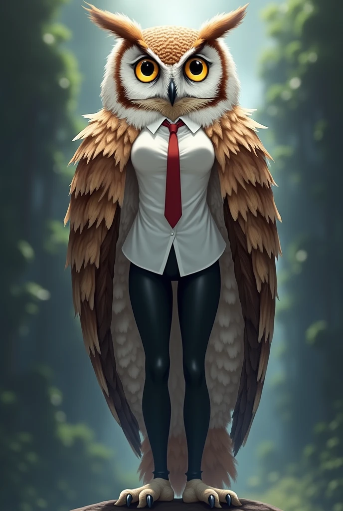 Anime style, [Name Sonya]
[Gender: Female]
[Height: 7 feet 6 inches]
[Species: Owl]
[Appearance: A very tall human girl with the features of an owl, with a human face, large and bright yellow eyes that glow in the dark, white skin, the only clothes she wears are a white shirt with a red tie and black leggings, but her feathers cover her entire body except her face making her look like a ball of feathers, short shoulder-length brown-haired in color,  feathers are a mixture of brown and white colors, on the head there are 4 feathers creating the appearance of ears, she has no arms and instead of them wings, instead of feet she has bird feet with 3 claws, 2 claws point forward, one back, slim body with big breasts] human face