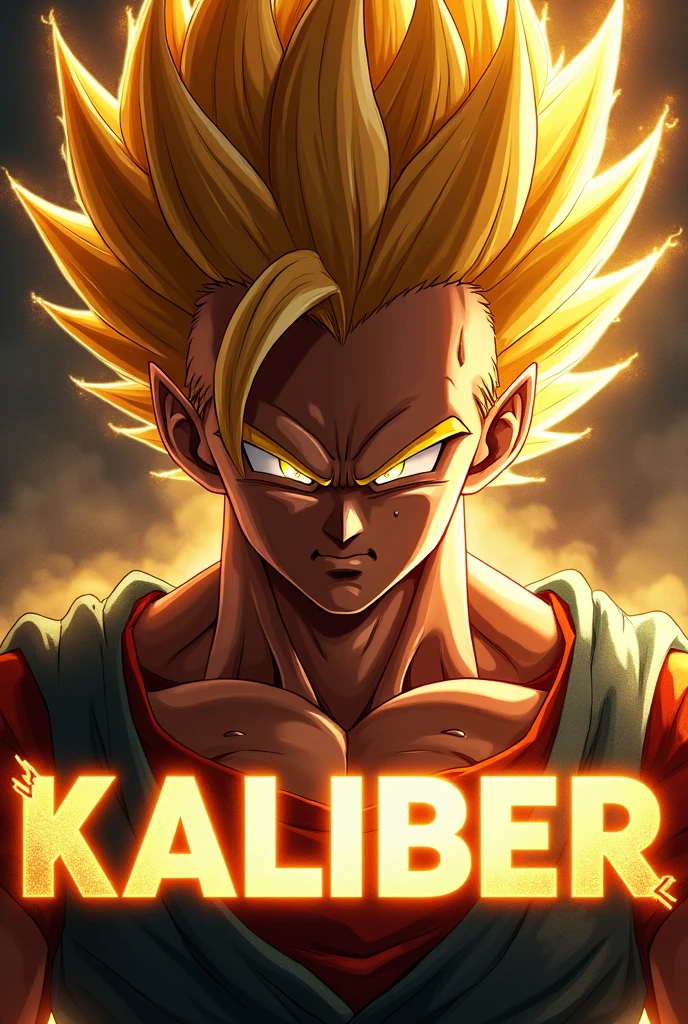 Super saiyan closeup with the KALIBER underneath in big letters