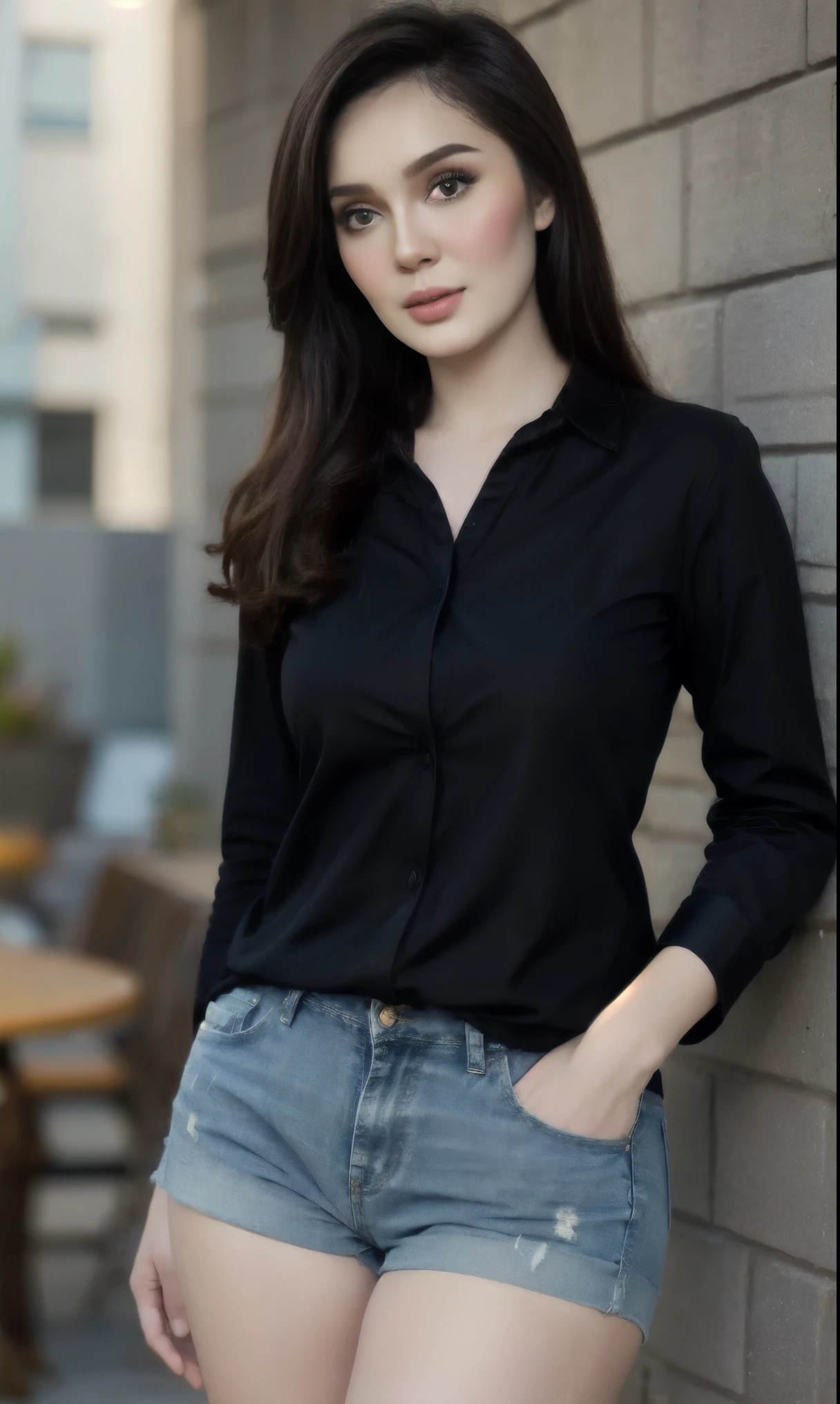 1girl,solo,medium breasts,(full body:0.8), (casual shirt:1.3), black hair, denim shorts, black shirt
best quality, masterpiece, an extremely delicate and beautiful, CG, unity, 8k wallpaper, Amazing, finely detail, extremely detailed CG unity 8k wallpaper, ultra-detailed, highres, extremely detailed, beautiful detailed,
(looking at viewer),