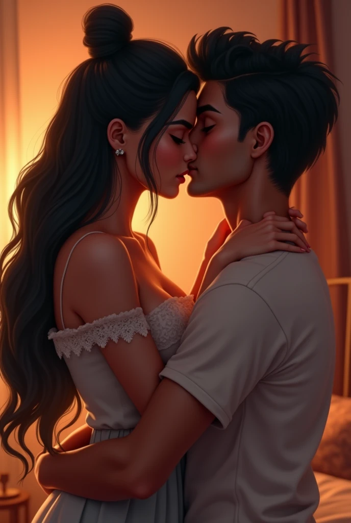 Create a image of a 25 year old indian girl in a room long black silky hair in bun hair style of girl hair  year old boyfriend kissing her neck from back