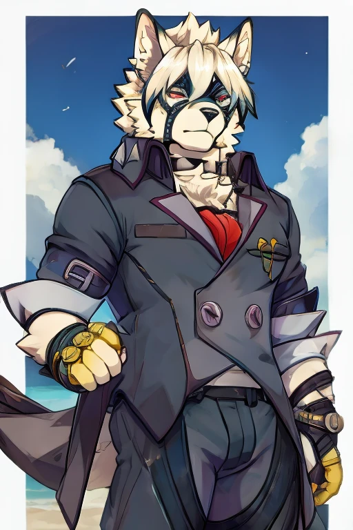 Anime character with cat face and red tie, SFW version, official character art, High resolution fee, art style &quot;guilty mechanism&quot;, anthropomorphic male wolf, varguyar style, God Brando, as an Overwatch character, Winston from Overwatch, nasty grin, roguish grin, like a character in Tekken, FULL ELBOWS, Wolf ears, a male, detailing, CAT ELBOWS