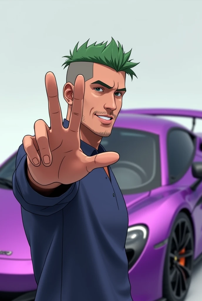 a half body man doing hand pose green short puff hair . clean shave wearing and in the background there is mclaren p1 in purple color standing in the side .