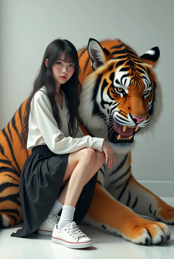 created a very real 3D painting image, a beautiful long-haired Japanese woman, wearing a long-sleeved white shirt, long black plisket skirt, long white socks and sneakers, looking forward with a sharp gaze, sitting and leaning on the body of a A giant tiger with a ferocious face, sharp fangs with a wild gaze, gently stroking the tiger's body, the background is a white and gray wall, an image with a touch of 3D quality, cinematic, photographic