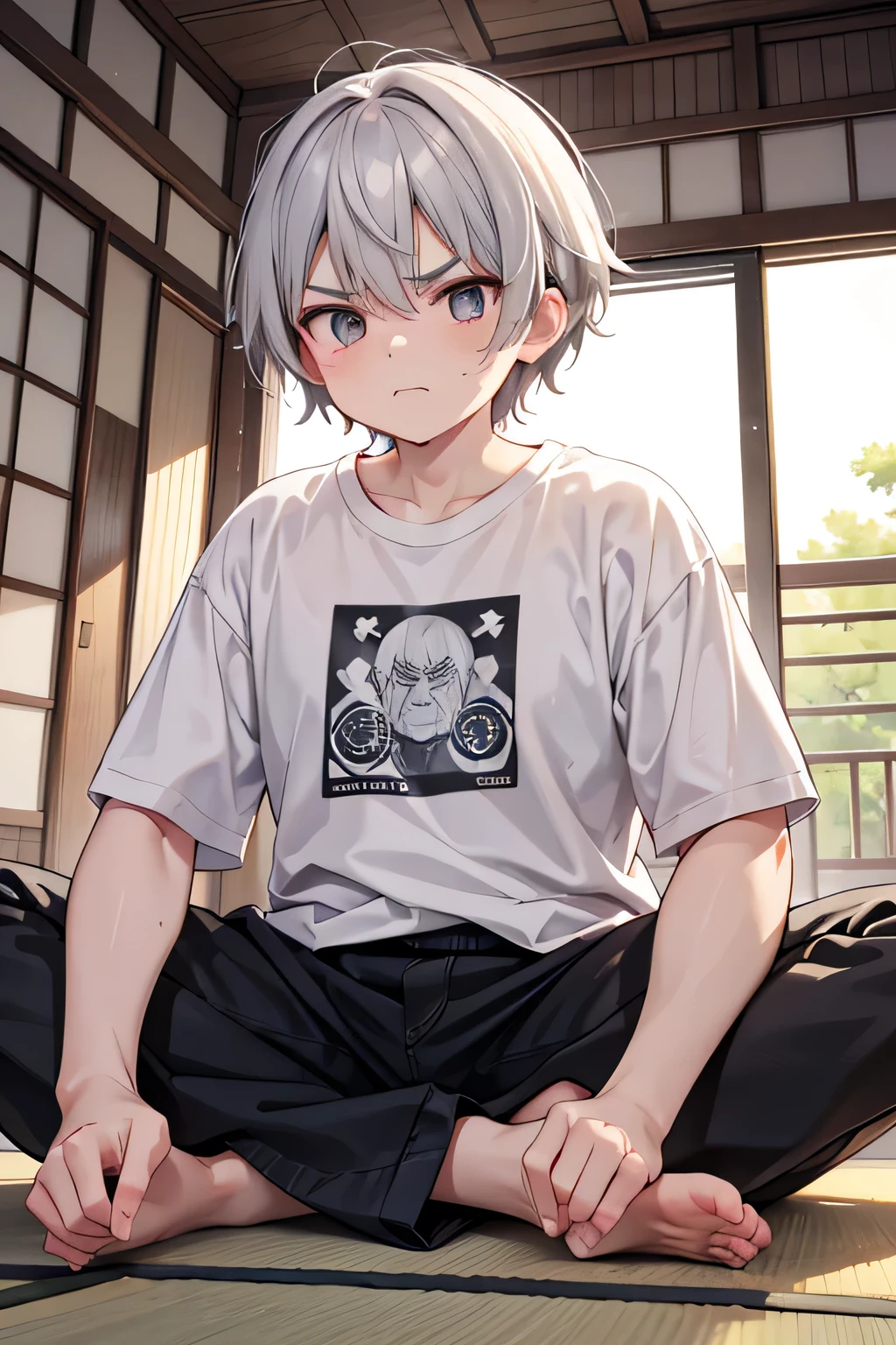 In the summer daytime, in a Japanese-style room,detailed background,beautiful background,BREAK he is sitting on tatami,
BREAK
A old male,Short Hair,Gray Hair,grandfather,T shirts,black pants
BREAK he folds his arms, with wrinkles between his brows. angry face,An aura of anger (emanating:1.5) rises from his body. break masterpiece,best quality,super detailed,super fine illustration,8k,cute,