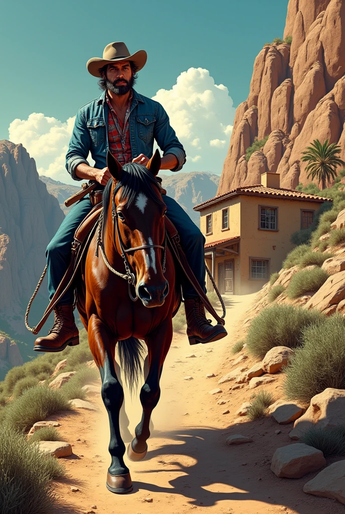 Hyperrealistic comic image with a 50's look, a cowboy riding his horse down the mountain to a cantina on the side of the road