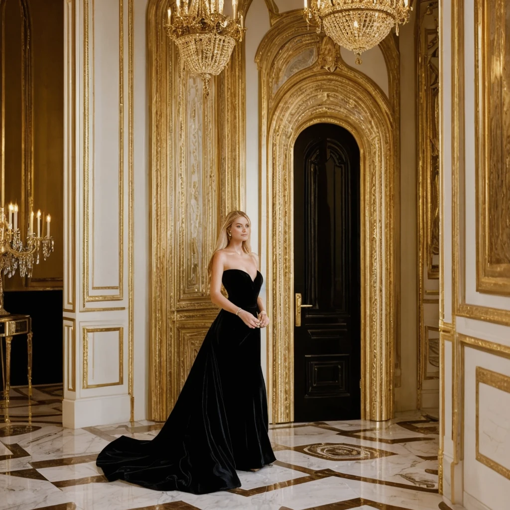 (Best Quality), (ultra-detailliert), (masuter piece), (hight resolution), (Original), (the Extremely Detailed CG Unity 8K Wallpapers), 1 woman, 20 years old, stalwart facial expression, confident, decadent, [:(Face detail: 1.4): 0.4], 16K resolution, 4k resolution, (Ventre plat parfait), (image couleur), BREAK I. Outfit: Elegant, enchanting, long and fitted dress, foot long dress, skintight dress, plunging back, extra wide golden hip belt with gold buckle, belt fits snugly, black and silver jewelry.
II. Venue: Gothic castle, dark and mysterious atmosphere, dim lighting with chandeliers, library full of old grimoires, mirrors framed with magical motifs, incense-scented candles.
III. Decoration: Gothic ambiance, dim lighting with violet and blue lights, refined furniture with touches of black and silver, black velvet drapes, mirrors adorned with witchcraft motifs, lavender-scented candles, BREAK, looking at viewer, masterpiece, best quality, highly detailed, desire, blush, (Beautiful and detailed light blue eyes), complex light blue eyes, ((bright eyes)), white blond long hair, (beautiful and detailed face), supermodel, slender waist, thin body, narrow shoulders, close up portrait, headshot