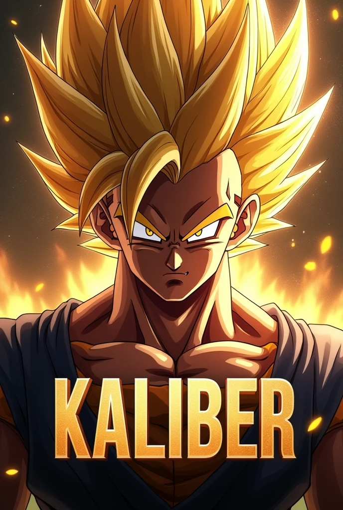 Super saiyan closeup with the KALIBER underneath in big letters