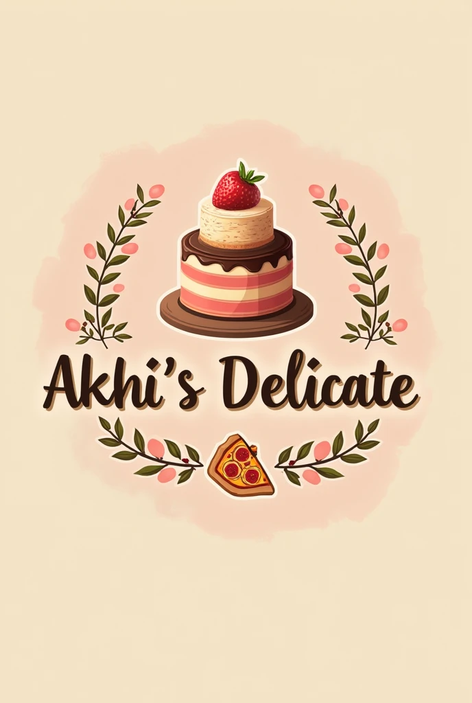 I want you to create a bakery logo named “Akhi’s Sweet Delicate” with cakes and pizza sticker in it
