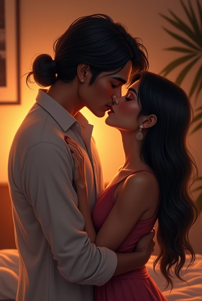 Create a image of a 2 indian couple in a room hugging each other girl have long black silky hair highpony .boy hugging from back