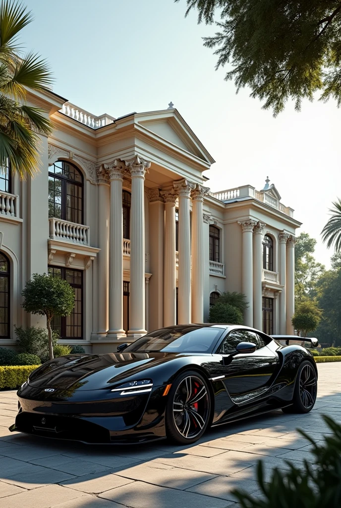 A luxurious life , high standards beautiful house and black car , everything related to high standard in one frame without person