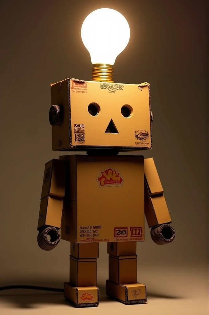 Make an impressionist style cardboard robot that works as a lamp and has a light bulb