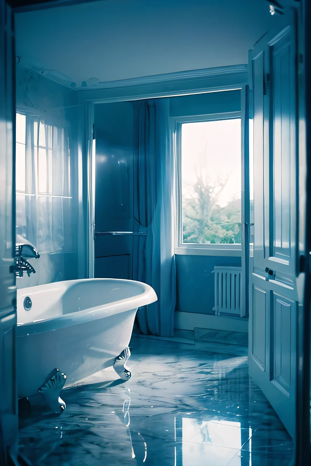 a white dreamy house, bathroom, retro, foggy, soft focus, year of 1995, cool lighting, muted pastel colors, glowing atmosphere, dramatic shadows, cinematic composition, dream-like quality, ethereal, romantic, soft focus photography, dark blue hour, midnight, windy, marble, silver and mirrors, hazy