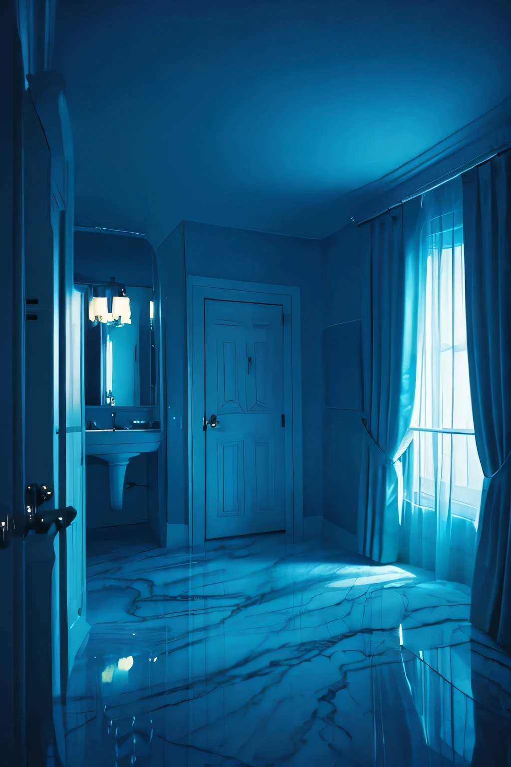 a white dreamy house, bathroom, retro, foggy, soft focus, year of 1995, cool lighting, muted pastel colors, glowing atmosphere, dramatic shadows, cinematic composition, dream-like quality, ethereal, romantic, soft focus photography, dark blue hour, midnight, windy, marble, silver and mirrors, hazy