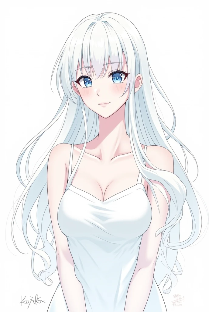 A woman with long white hair, bangs, dark blue eyes, dark gray, gentle face, kind, gentle smile, big breasts, good figure, good figure, height about 162 centimeters, Meitantei Conan style line drawing.