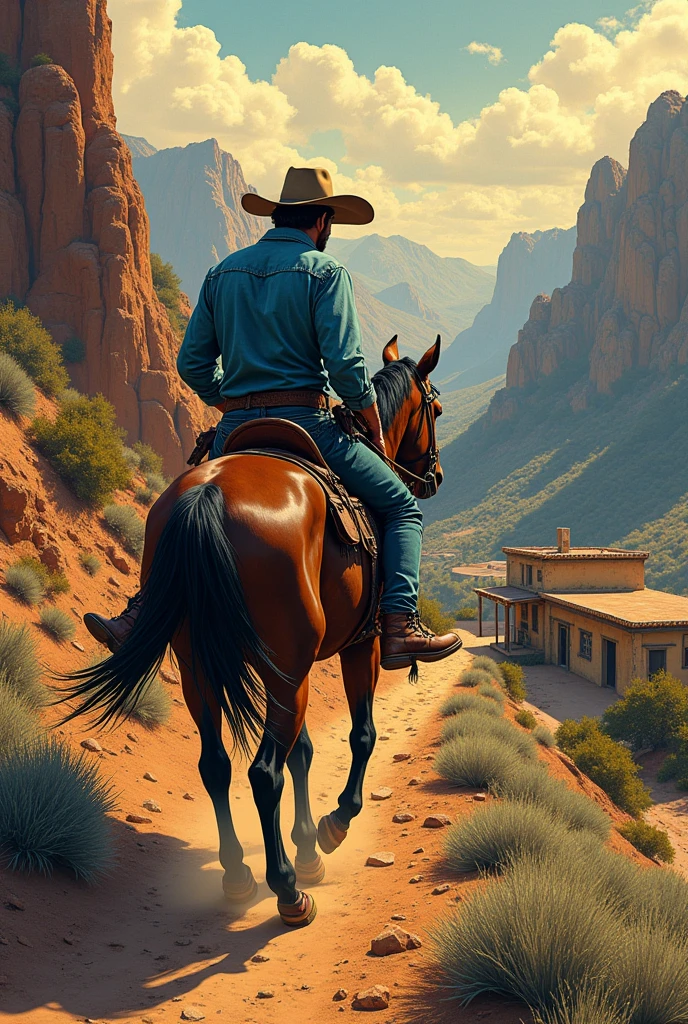 Hyperrealistic comic image with a 50&#39;s look, a cowboy riding his horse down the mountain to a cantina on the side of the road
